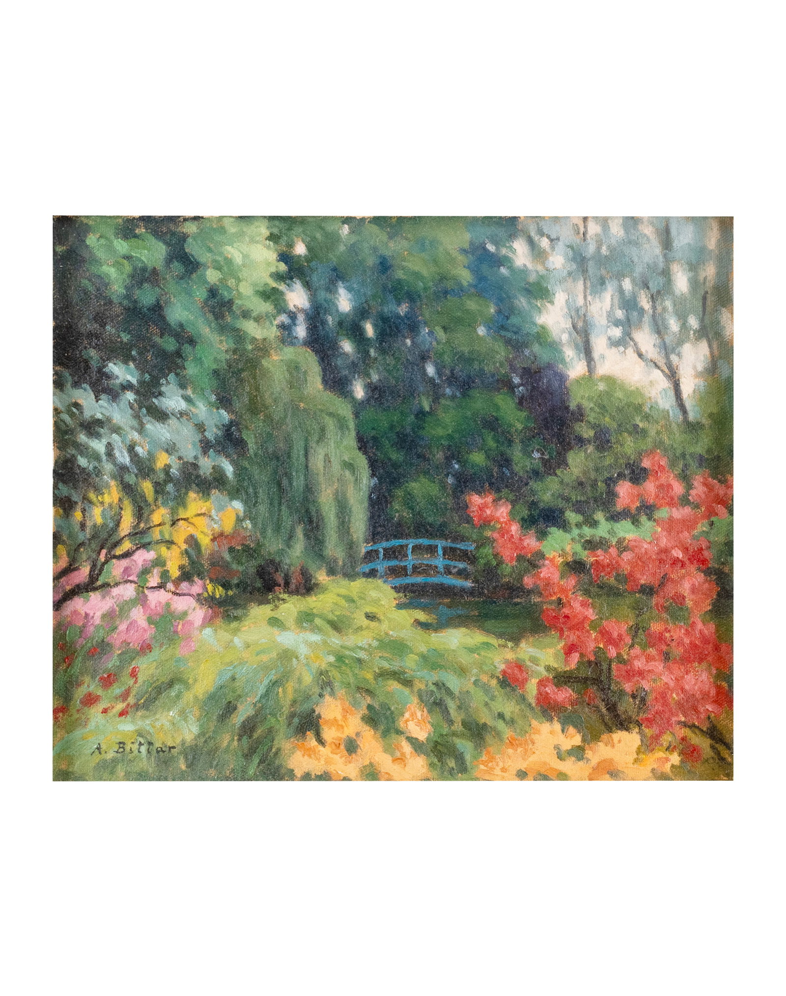 Bittar, Antoine - "Chez Monet" - 1984: Bittar, Antoine (1957-) "Chez Monet" (1984) Description (FR): Huile sur toile, signée A. Bittar en bas à gauche, contresignée, titrée et datée au verso. Une représentation de la maison de Claude