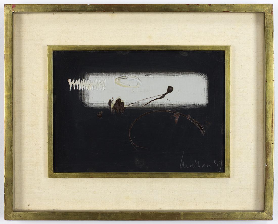 Georges Mathieu Untitled (1959): Lot 09 Georges Mathieu (1921-2012) Untitled (1959) oil on canvas signed lower right 8 3/4 x 12 1/4 inches framed CONDITION: restored Peter Tobey (AIC) Conservation PROVENAN