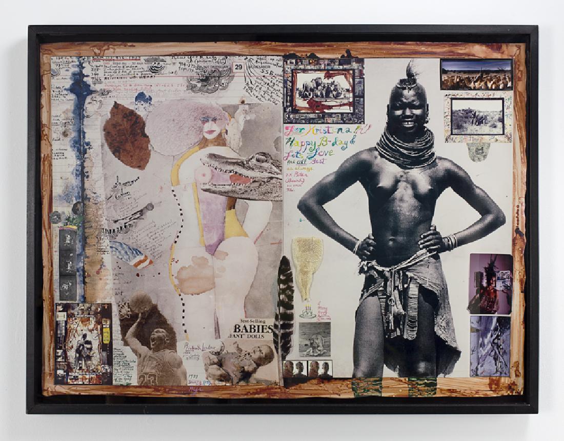 Peter Beard For Kristina, Happy B-Day (c. 1995): Lot 39 Peter Beard (b. 1938) For Kristina, Happy B-Day (c. 1995) mixed media, collage, pen, ink, attached photos, fragments and shed snake skin signed and inscribed center additionally signed and ins