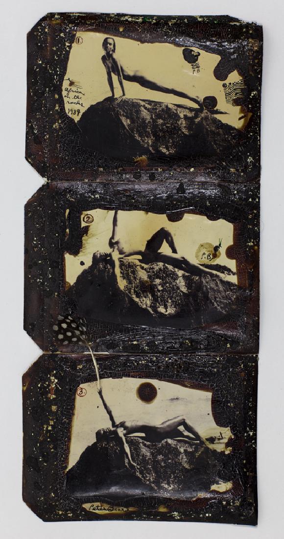 Peter Beard Africa On the Rocks (triptych) (1984: Lot 40 Peter Beard (b. 1938) Africa On the Rocks (triptych) (1984 / 2002) three conjoined polaroids. mixed media, blood ink and feather signed bottom numbered 1, 2, 3 from top to bottom 12 1/2 x 5 3/