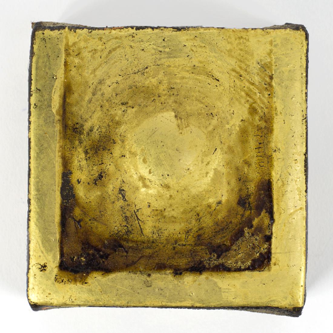 Richard Hambleton Untitled (1991): Lot 45 Richard Hambleton (1952-2017) Untitled (1991) gilt painting and blood on canvas signed verso 3 1/4 x 3 1/4 inches unframed CONDITION: very good PROVENANCE: Collectio