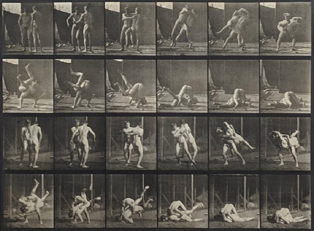 Eadweard Muybridge - Animal Locomotion: Plate 348: Lot #89 Eadweard Muybridge Britsh American, (1830-1904) Animal Locomotion: Plate 348 (Wrestlers) (1887) collotype sight: 7 1/2 x 17 3/8 inches frame: 23 x 29 1/8 inches Condition: Excellent