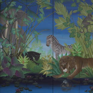 Gustavo Novoa - Jungle Scene on screen: Lot 12 Gustavo Novoa Chilean/American (b.1941) Jungle Scene on screen acrylic on screen signed lower right four hinged panels: 84 x 72 x 1 1/2 inches (total) $800-1200 Condition: very good 