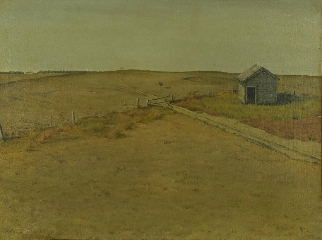 Donald Wynn - Untitled (open field and house): Lot 19 Donald Wynn American (b.1942) Untitled (open field and house) oil on canvas signed lower right 18 1/2 x 24 inches $300-500 Condition: very good Provenance: The Collection of Wesle