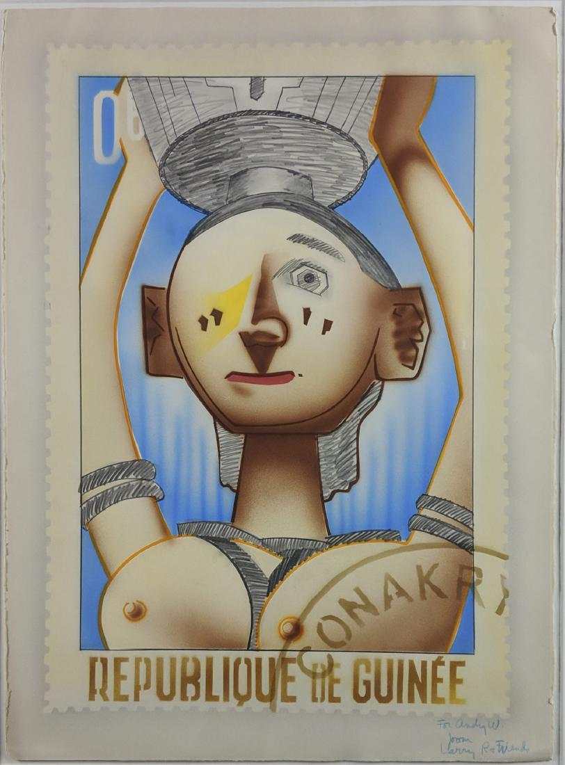 Larry Rivers - Republique de Guinée (1977): Lot 101 Larry Rivers American (1923-2002) Republique de Guinée (1977) color pochoir, acrylic airbrush and pencil signed "for Andy W from Larry R + Friends" lower right sheet: 30 x 22 1/2 inches fram