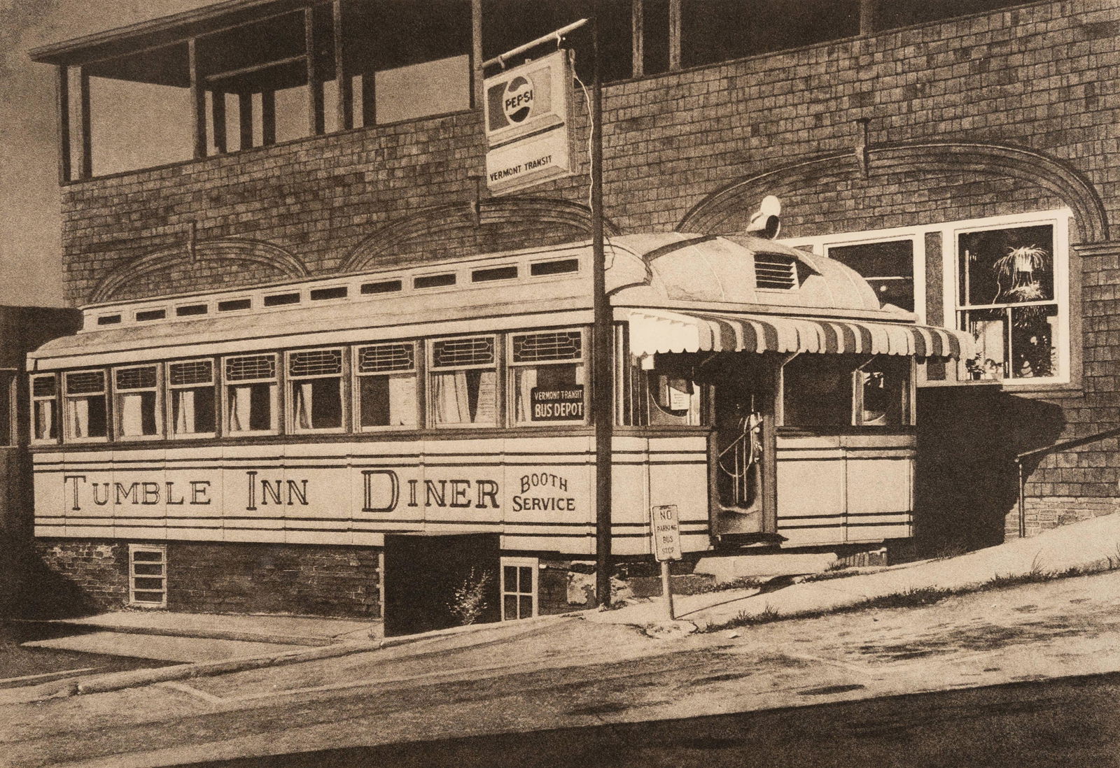 John Baeder - Tumble Inn Diner: Lot 68 John Baeder American (b. 1938) Tumble Inn Diner (1979) etching signed lower right numbered 171/200 lower left sight: 16 1/2 x 23 1/4 inches frame: 23 x 30 inches Provenance: From a Private Penn