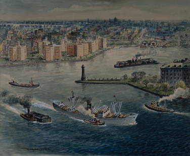 Woldemar Neufeld - Shipping on the East River: Lot 102 Woldemar Neufeld American/Russian (born 1909) Shipping on the East River watercolor on paper signed lower left sight: 9 x 11 inches frame: 15 x 17 inches Provenance: from a private New York c