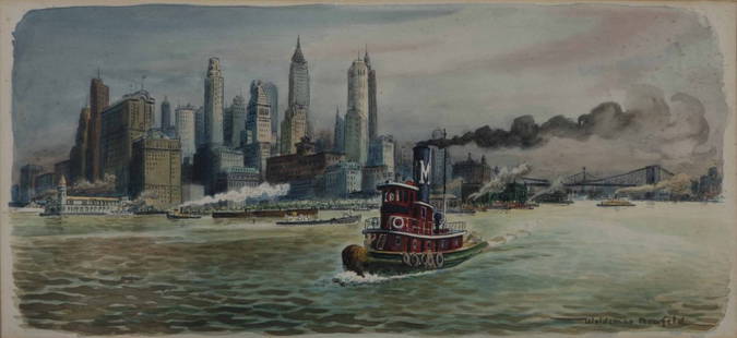 Woldemar Neufeld - Tugboat in New York Harbor: Lot 103 Woldemar Neufeld American/Russian (born 1909) Tugboat in New York Harbor watercolor signed lower right sight: 8 1/2 x 18 3/4 inches frame: 17 1/4 x 25 1/8 inches Provenance: from a private