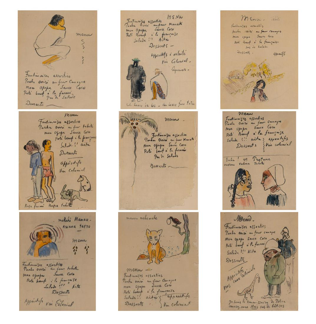 after Paul Gauguin - Nine Tahitian Menus: Lot 35 after Paul Gauguin Nine Tahitian Menus watercolor and ink on paper (9) each: 8 1/4 x 6 3/4 inches Provenance: from the estate of an important Austrian-American art dealer's wife