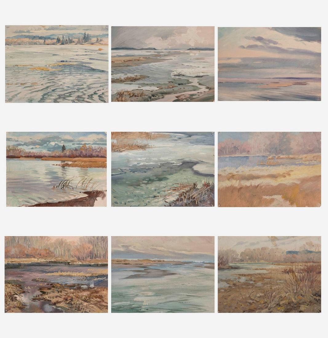 George Browne - 9 Shore studies: Lot 69 George Browne American (1918-1958) 9 Shore studies oil on canvas (unstretched) each with estate stamp verso largest: 11 x 16 inches Provenance: By descent from the estate of George Browne