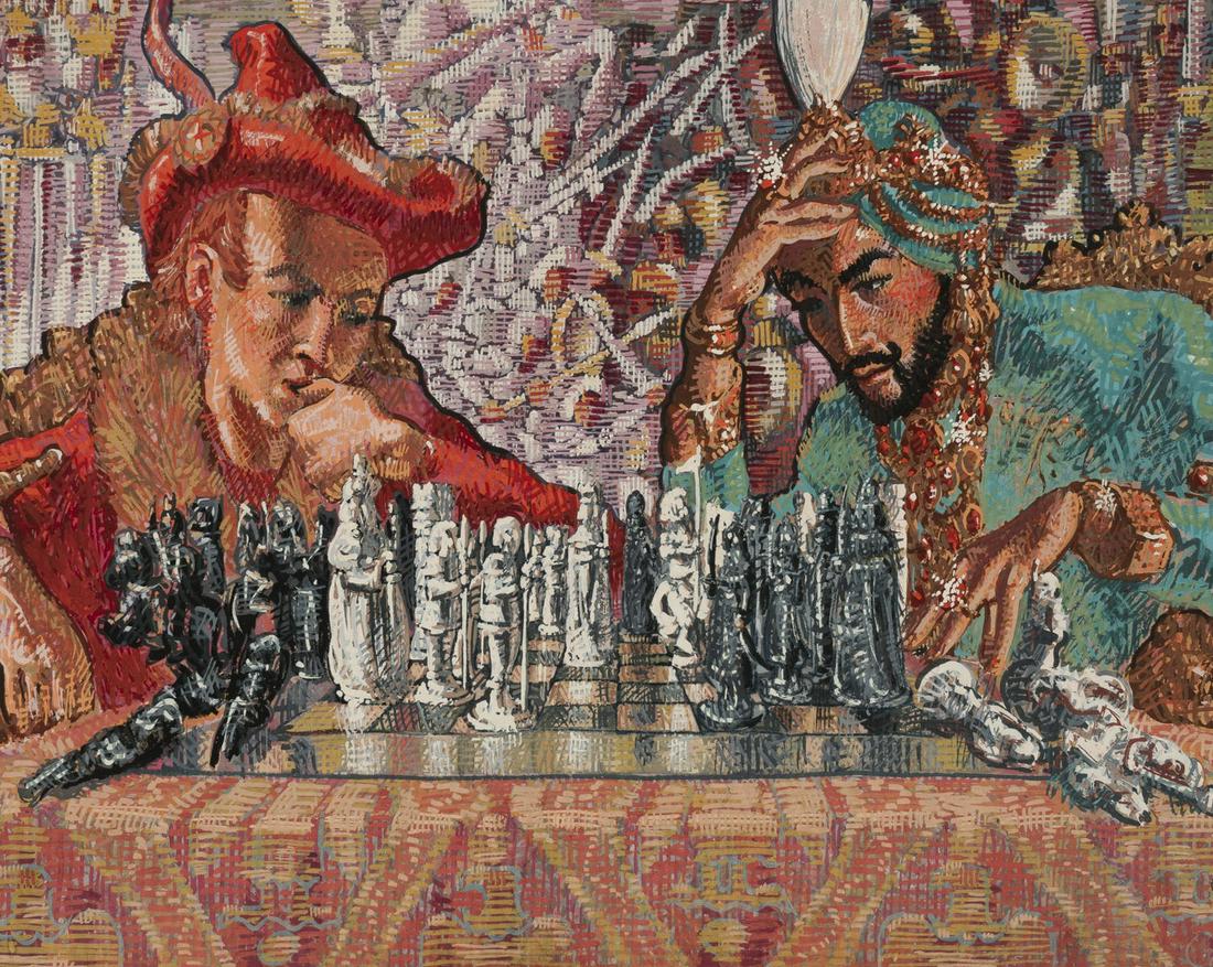 Mahlon Blaine - Chess Match: Lot 134 Mahlon Blaine American (1894-1969) Chess Match gouache on paper board signed lower right sight: 13 1/4 x 19 1/4 inches inscribed for George Ginsburg