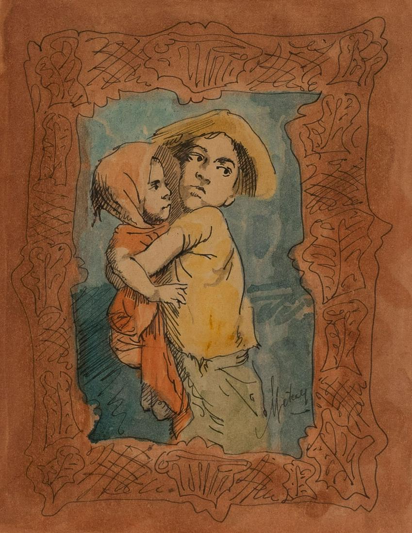 Conger Metcalf - Untitled (Portrait of two children): Lot 213 Conger Metcalf American (1914-1998) Untitled (Portrait of two children) watercolor and ink on paper signed lower right 8 7/8 x 7 inches Provenance: from a private Cape Cod, MA collection