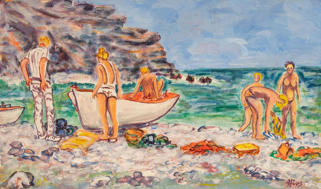 Theodore Hios - Topless Bathers on Sifnos Island, 1982: Lot 215 Theodore Hios American/Greek (1910–1999) Topless Bathers on Sifnos Island, 1982 (1982-1986) oil on linen signed lower right 12 x 20 inches Provenance: From a private New York collection