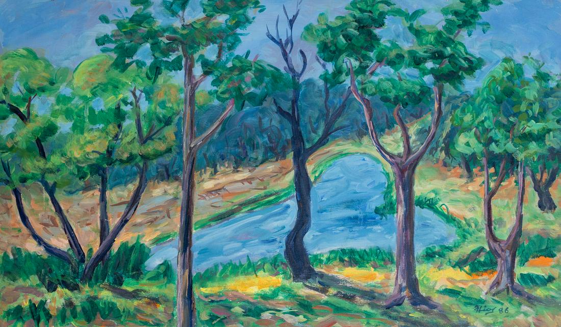 Theodore Hios - Untitled (Lake scene): Lot 217 Theodore Hios American/Greek (1910–1999) Untitled (Lake scene) (1986) oil on canvas signed lower right and verso 20 1/2 x 34 1/2 inches Provenance: From a private New York collection