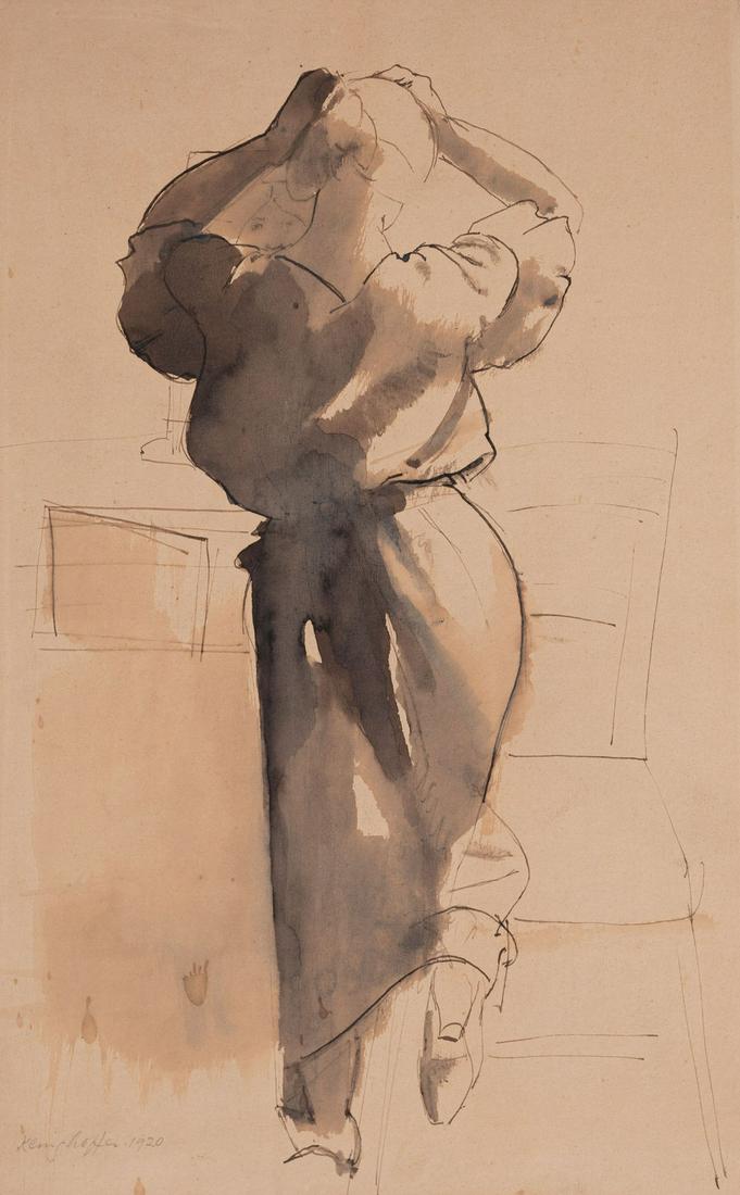 Clara Klinghoffer - Untitled (Woman looking in mirror): Lot 286 Clara Klinghoffer British/American (1900-1970) Untitled (Woman looking in mirror) (1920) ink and watercolor on paper signed lower left 14 7/8 x 10 1/8 inches Provenance: From the estate of Cl