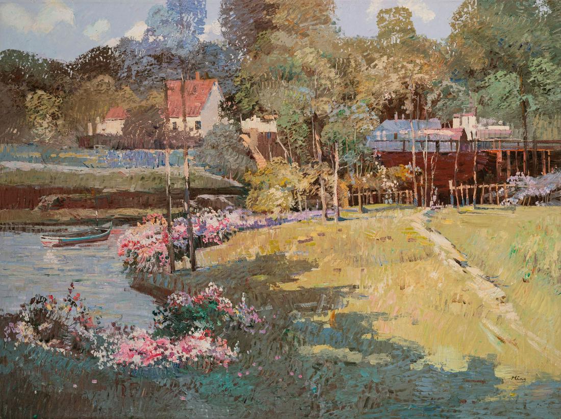 Ming Feng - Inlet Boat: Lot 299 Ming Feng Chinese (b. 1957) Inlet Boat oil on canvas (unstretched) signed lower right 30 x 40 inches Provenance: From the collection of a third-generation New York art gallery