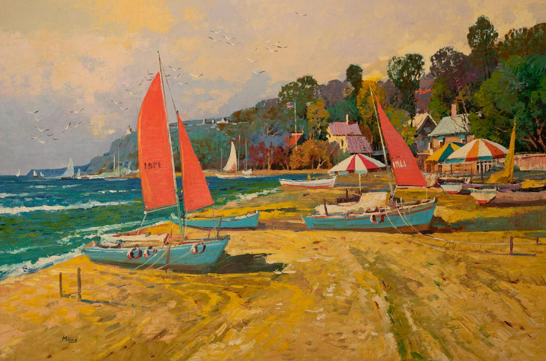 Ming Feng - Beached Boats Red Sails: Lot 304 Ming Feng Chinese (b. 1957) Beached Boats Red Sails oil on canvas (unstretched) signed lower right 24 x 30 inches Provenance: From the collection of a third-generation New York art gallery