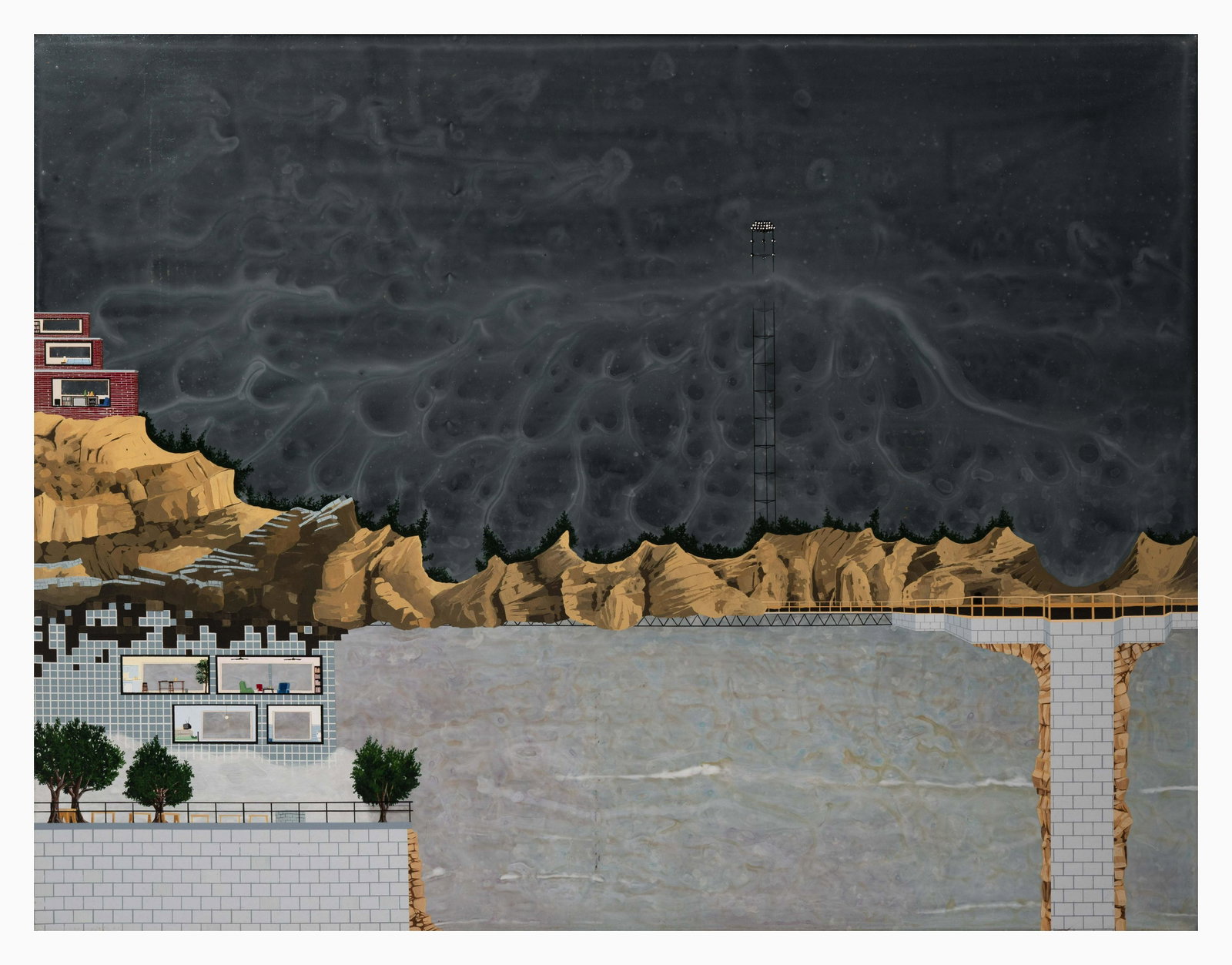 Jay Davis - Untitled (Three level brick house/ grid: Lot 102 Jay Davis American (b. 1975) Untitled (Three level brick house/ grid house / morphing into dirt / large deck / lightning (2000) acrylic on vinyl 34 x 44 inches Provenance: Mary Boone gal