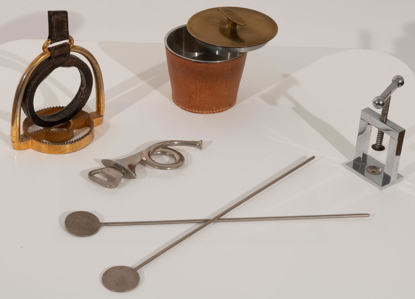 Carl Auböck (attributed) - Bar items: Lot 223 Carl Auböck (attributed) Austrian (1900-1957) Bar items brass, leather, chrome made in Austria stamp on stirrers stirrers length: 14 inches