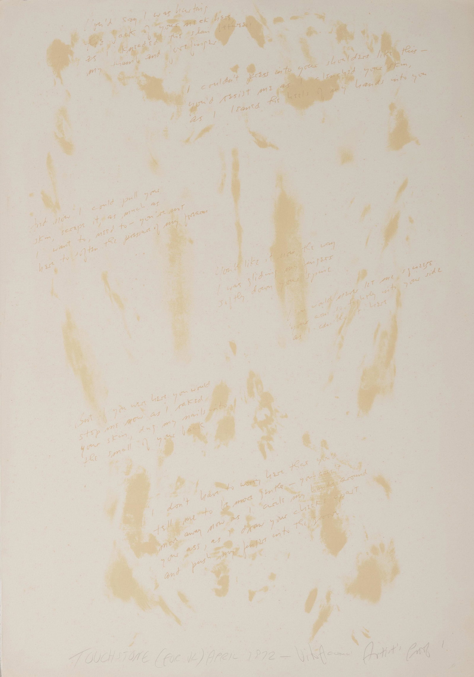 Vito Acconci - Touchstone (for VL): Lot 282 Vito Acconci American (1940-2017) Touchstone (for VL) (1972) lithograph in colors on Arches paper pencil signed lower right, AP edition of 50 29 x 20 inches