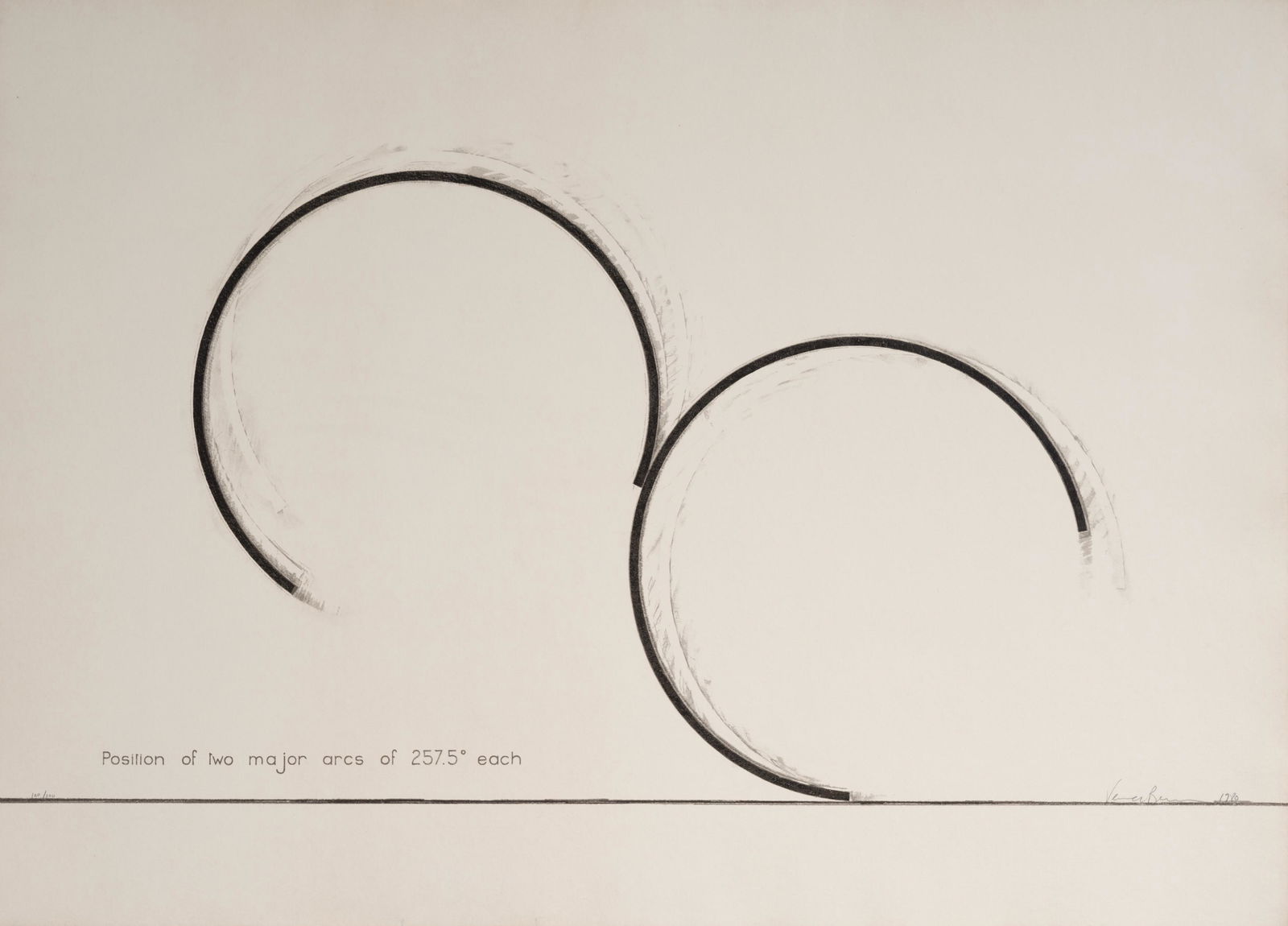 Bernar Venet - Position of two major arcs of 257.5: Lot 285 Bernar Venet French (b. 1941) Position of two major arcs of 257.5 degrees each (1980) silkscreen on wove paper pencil signed lower right, numbered 100/100 30 x 42 inches