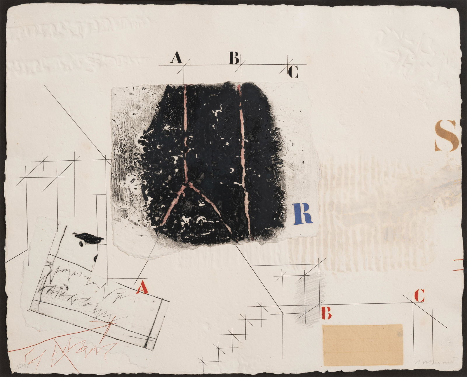 James Coignard - Untitled (Composition I): Lot 338 James Coignard French (1925-2008) Untitled (Composition I) etching with carborundum and collage on paper signed lower right, numbered 85/95 17 1/2 x 22 inches Provenance: from a private New Y