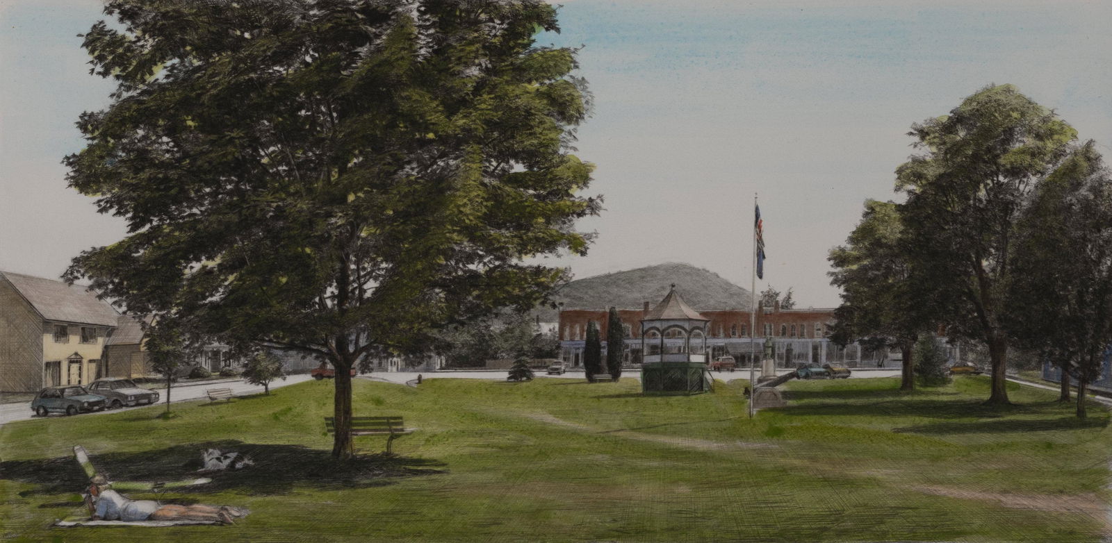 Altoon Sultan - Village Green, South Royalton, Vermont: Lot 348 Altoon Sultan American (b. 1948) Village Green, South Royalton, Vermont (1987) etching with drypoint and watercolor pencil signed lower right, numbered 6/40 14 x 20 1/2 inches