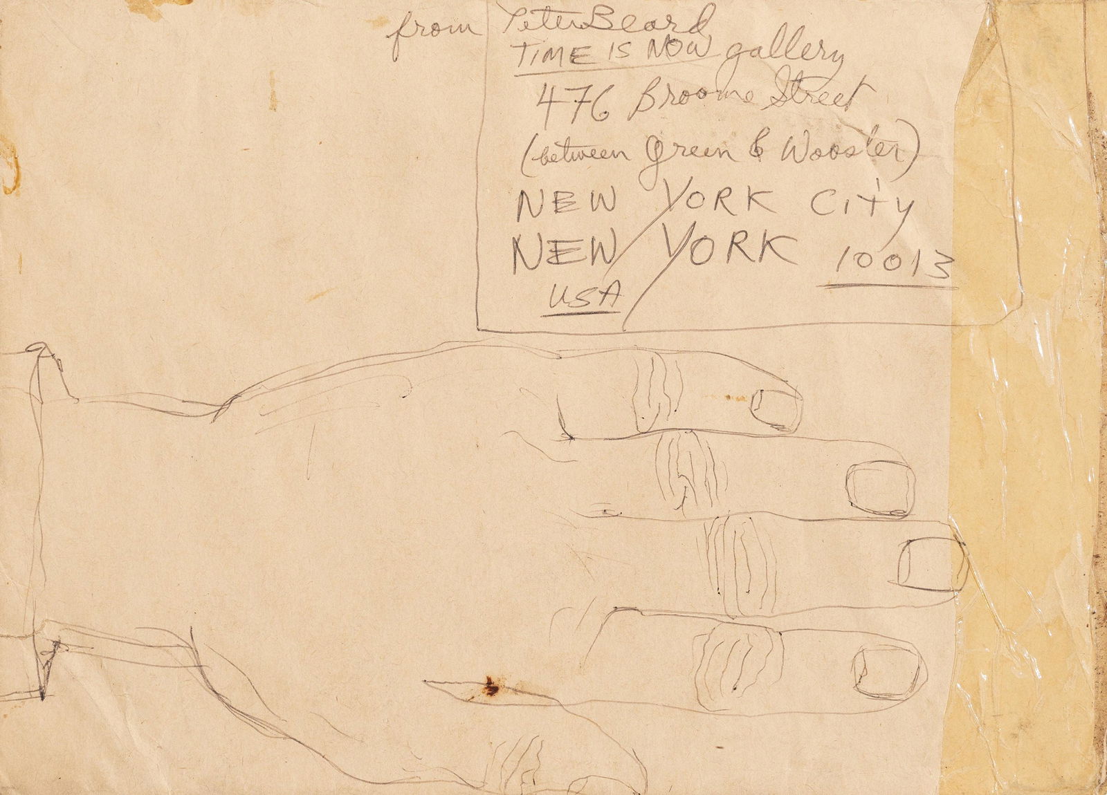 Peter Beard - Mail Art with Hand: Lot 18 Peter Beard American (b. 1938) Mail Art with Hand mixed media: ink, tape, envelope, stamps with Botswana cancellation envelope: 8 x 11 inches