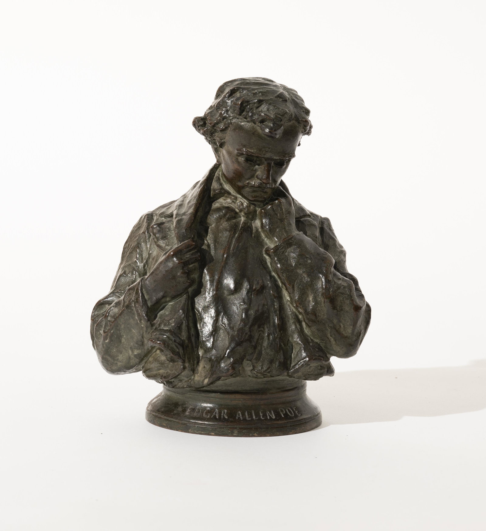 George Julian Zolnay - Edgar Allen Poe: Lot 60 George Julian Zolnay Romanian/Hungarian (1863-1949) Edgar Allen Poe (copyright 1898) bronze with artist applied brown patina signed on the back overall height: 10 inches Provenance: From a New