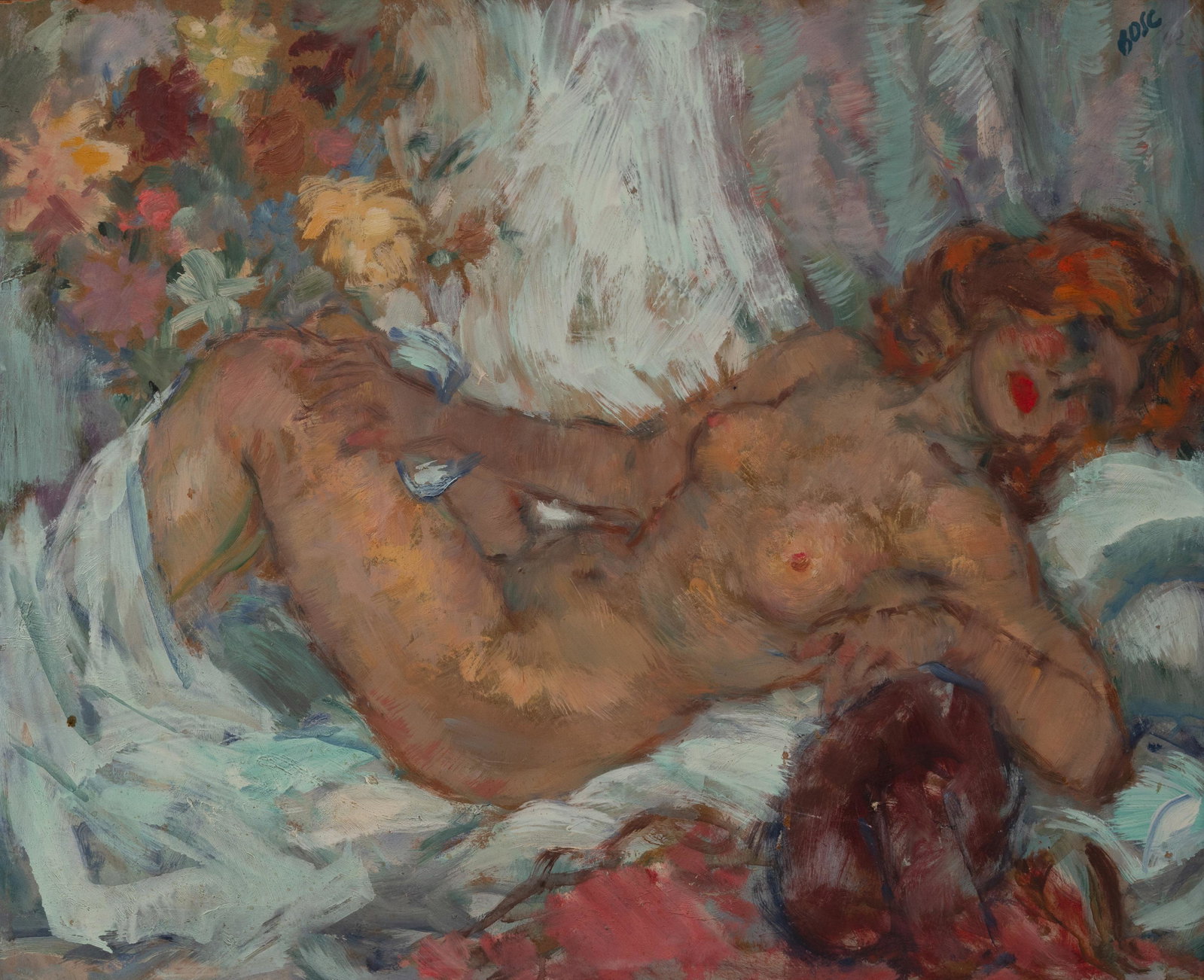 Bosc - Untitled (Reclining nude): Lot 83 Bosc (20th Century) Untitled (Reclining nude) oil on board signed upper right 22 x 26 inches Provenance: Estate of Judge Davis Norton and Florence Edelstein