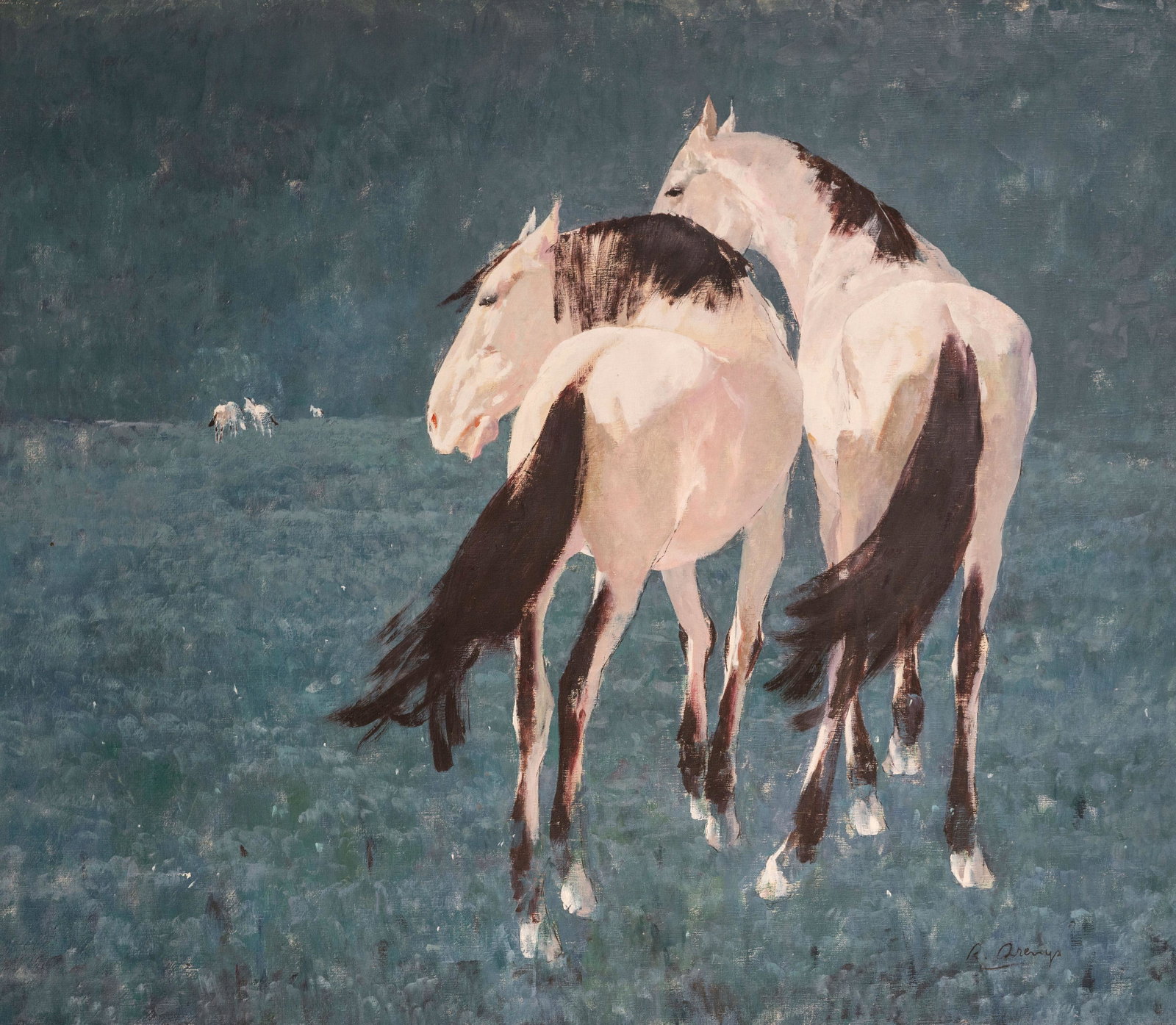 Ricardo Arenys Galdon - White Stallions on Blue: Lot 96 Ricardo Arenys Galdon Spanish (1914 – 1977) White Stallions on Blue oil on canvas (unstretched) signed lower right 24 x 29 inches Provenance: From the collection of a third-generation New Y