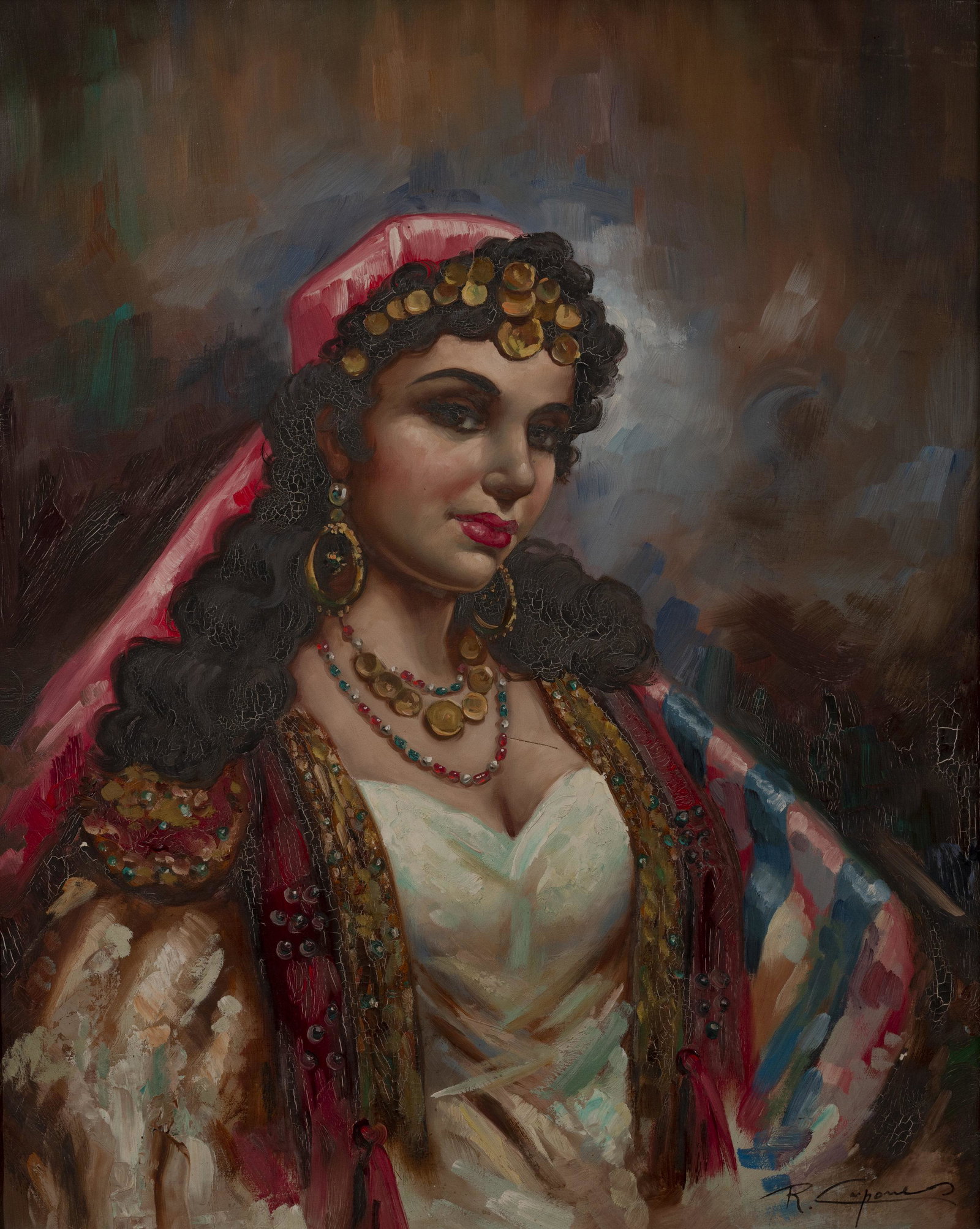 Remo Capone - Untitled (Portrait of a gypsy woman): Lot 107 Remo Capone (20th Century) Untitled (Portrait of a gypsy woman) oil on canvas signed lower right 30 1/4 x 24 inches Provenance: Estate of Judge Davis Norton and Florence Edelstein