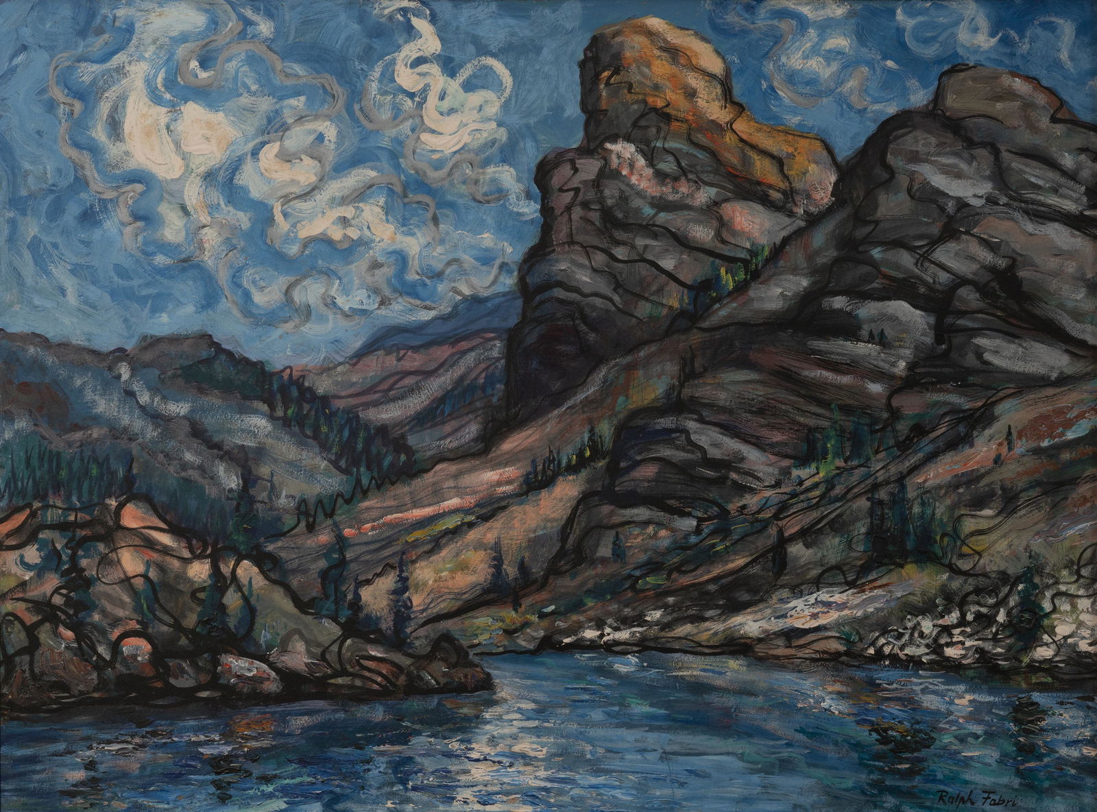 Ralph Fabri - Moraine Lake: Lot 110 Ralph Fabri Hungarian-American (1894-1975) Moraine Lake (1953-1966) casen and polymer acrylic on artists' board signed lower right 18 x 24 inches Provenance: Jules Perel Collection