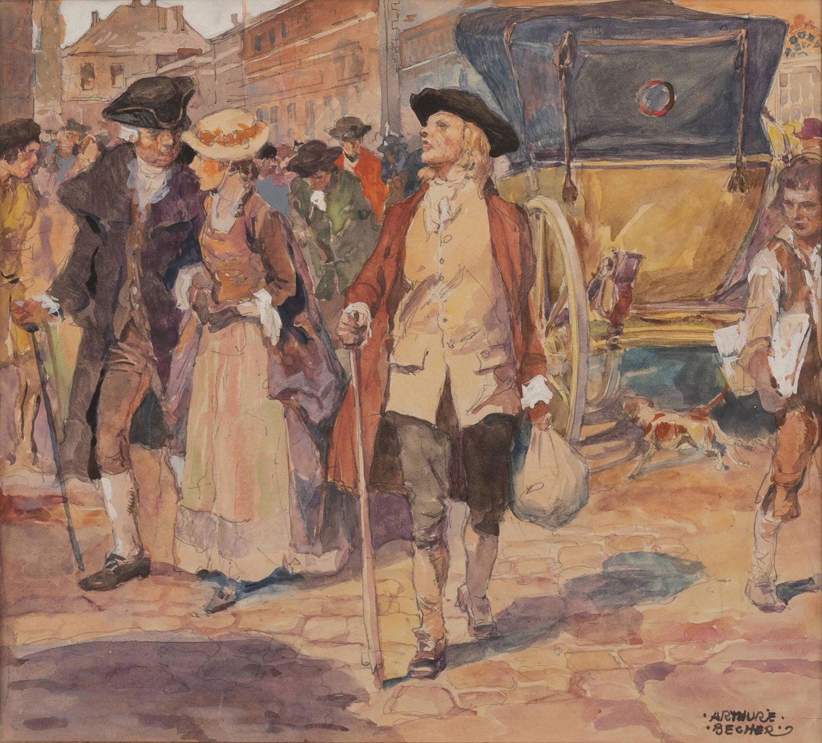 Arthur Ernst Becher - New To The City: Lot 1 Arthur Ernst Becher American (1877-1960) New To The City watercolor on paper signed lower right 8 x 8 3/4 inches Provenance: From a New York Collection Kennedy Galleries label verso