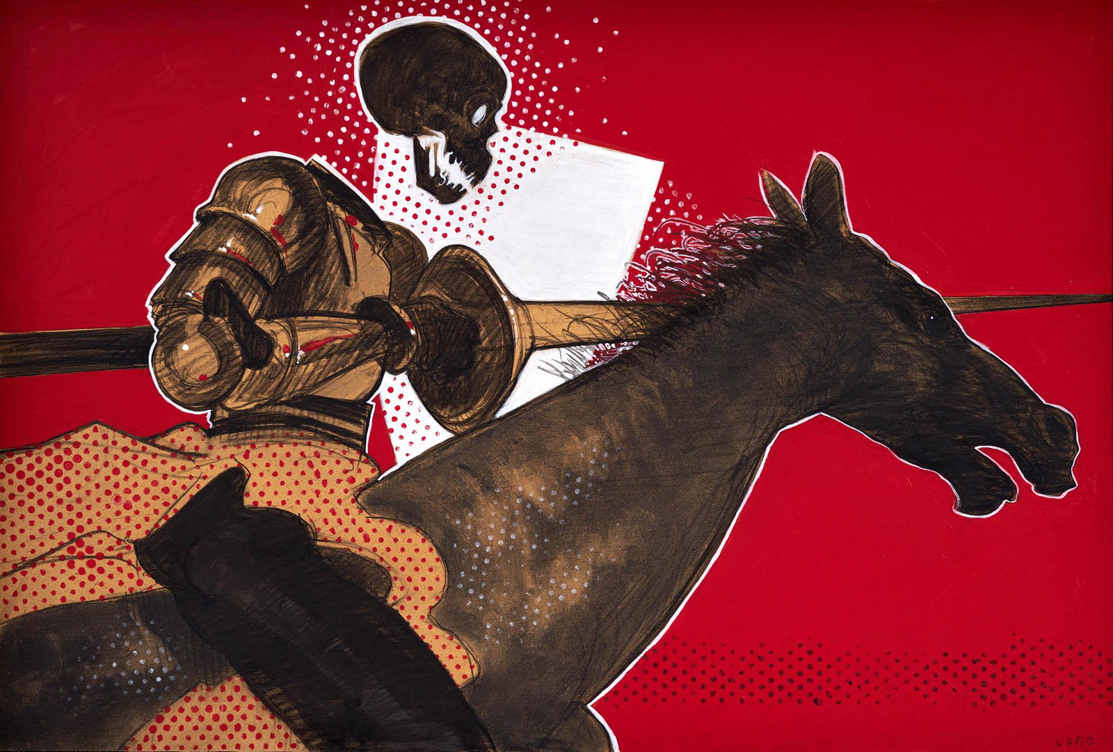 Elliot Lang - Untitled (Red knight): Lot 129 Elliot Lang American (20th Century) Untitled (Red knight) mixed media on board signed lower right 16 x 24 1/4 inches Provenance: from the collection of Keryn Redstone
