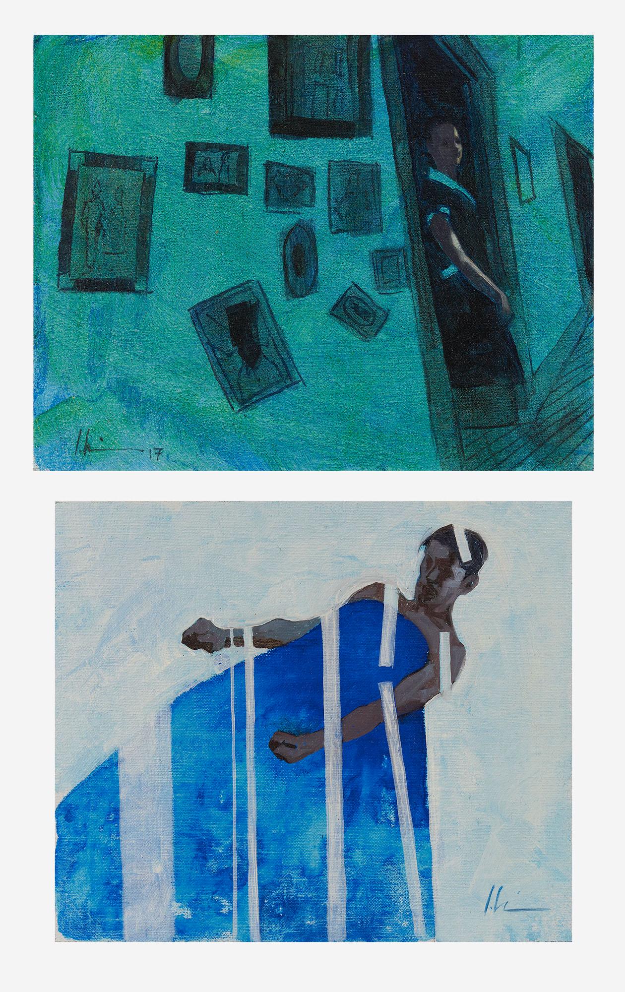 Jeremy Wilson - Group of two (2) blue scenes: Lot 197 Jeremy Wilson American (XX/XXI) Group of two (2) blue scenes acrylic on board both signed largest: 5 3/4 x 7 inches Provenance: from the collection of Keryn Redstone