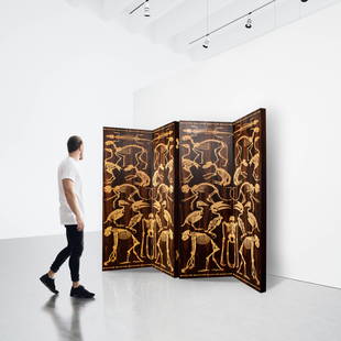 Studio Job - Job Smeets - Four panel screen, from the: Lot 68 Studio Job - Job Smeets (F. 2000) Four panel screen, from the 'Perished Collection' (2006) macassar ebony with laser-cut bird's eye maple marquetry inlaid with Job on the back lower left overal