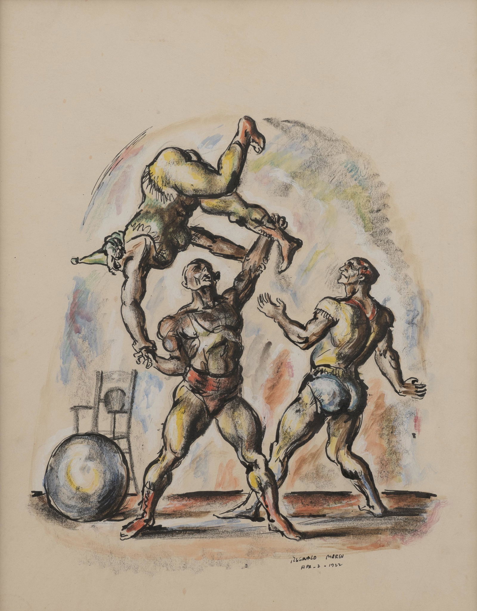 Reginald Marsh - Acrobats: Lot 150 Reginald Marsh American (1898-1954) Acrobats (1922) ink, gouache, and pastel on paper signed lower right sight: 18 1/2 x 14 1/2 inches Provenance: From a New York Collection