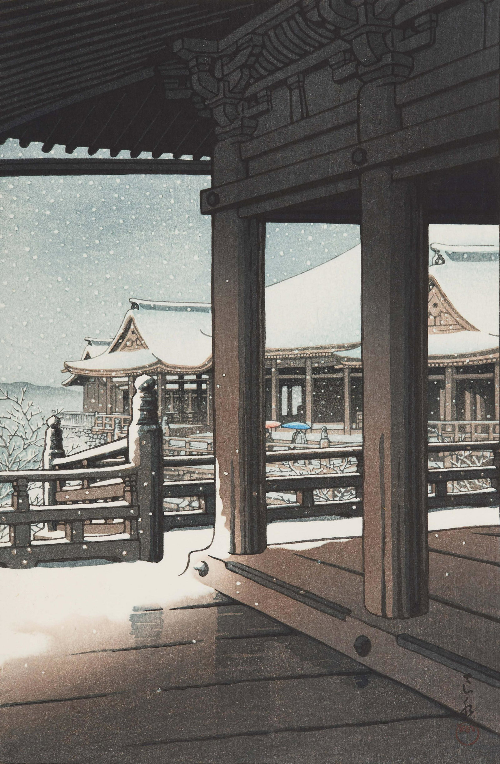 Hasui Kawase - Snow Fall at Kiyomizu Temple, Kyoto: Lot 176 Hasui Kawase Japanese (1883-1957) Snow Fall at Kiyomizu Temple, Kyoto woodblock chop mark lower right 15 3/4 x 10 3/8 inches Provenance: From a Private Pennsylvania Collection