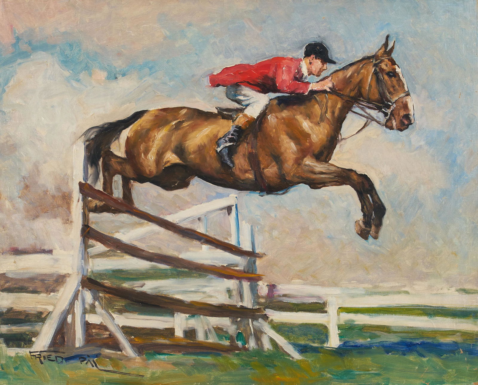 Pál Fried - Show Jumper: Lot 10 Pál Fried American (1893-1976) Show Jumper oil on canvas (unstretched) signed lower left 25 1/4 x 31 1/2 inches