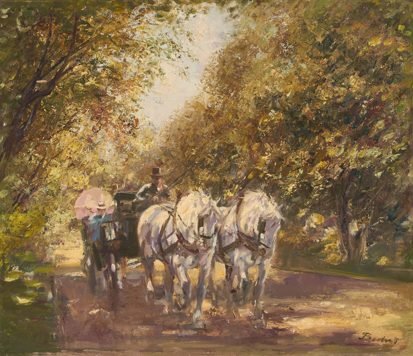 Hans Becker - Girl in Coach, White Horses: Lot 12 Hans Becker German (b. 1944) Girl in Coach, White Horses oil on canvas (unstretched) signed lower right 25 x 29 inches Provenance: From the collection of a fourth-generation New York art galle