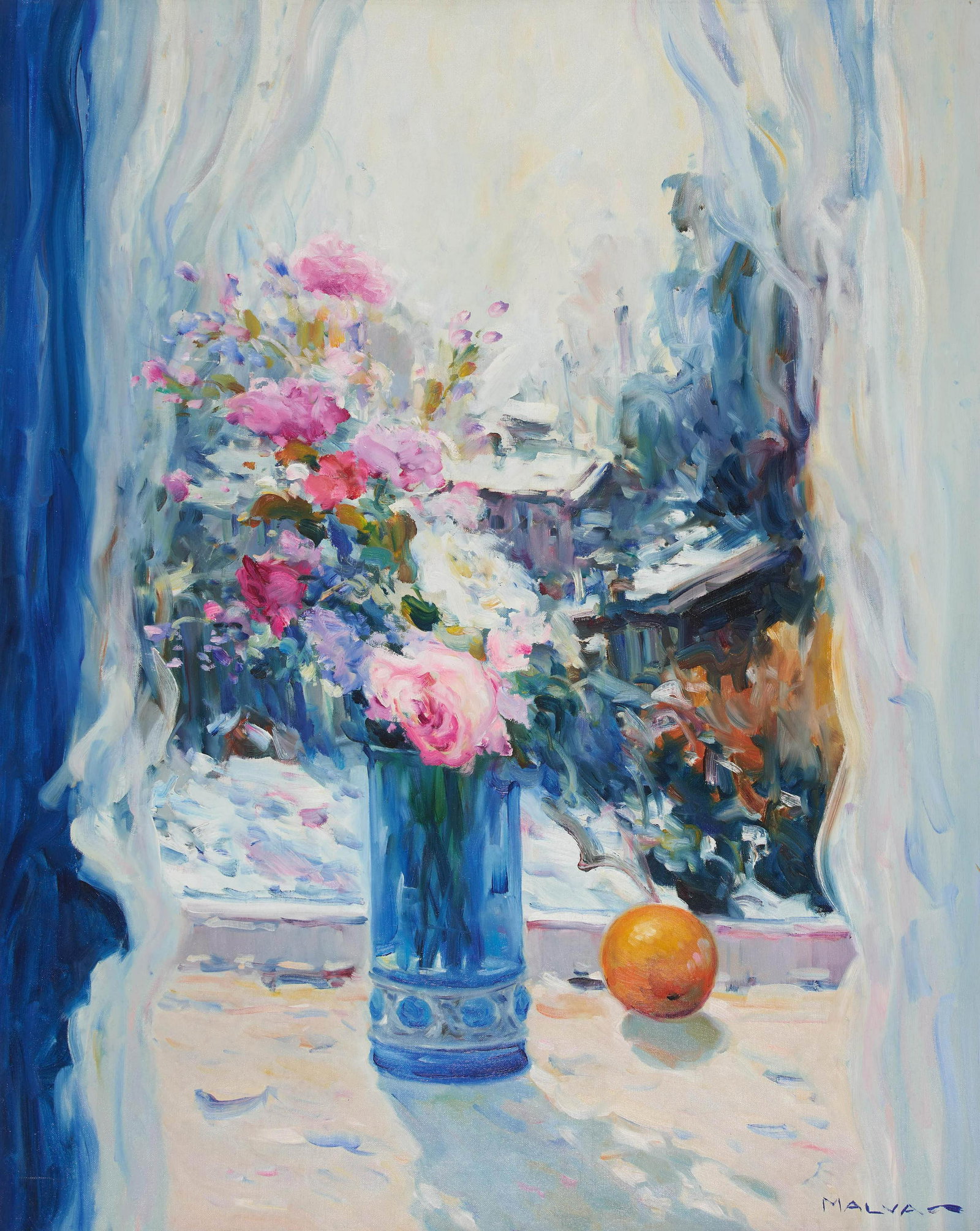 Malva (Omar Hamdi) - Pink Roses in Winter: Lot 58 Malva (Omar Hamdi) Kurdish/Syrian (1951-2015) Pink Roses in Winter oil on canvas (unstretched) signed lower right 34 1/2 x 28 1/4 inches Provenance: From the collection of a fourth-generation