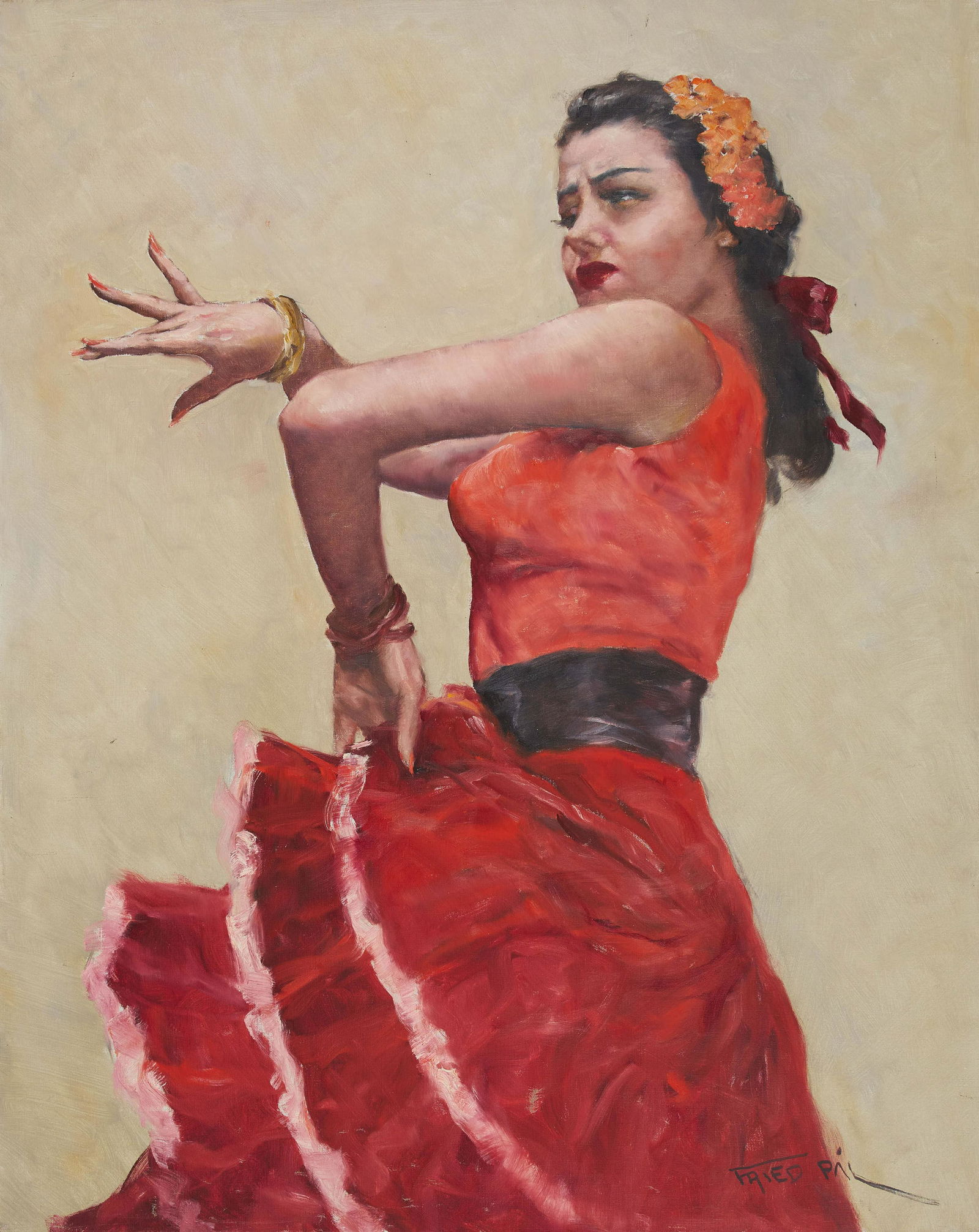 Pál Fried - Bolero: Lot 72 Pál Fried American (1893-1976) Bolero oil on canvas (unstretched) signed lower right 31 3/4 x 25 1/2 inches Provenance: From the collection of a fourth-generation New York art gallery