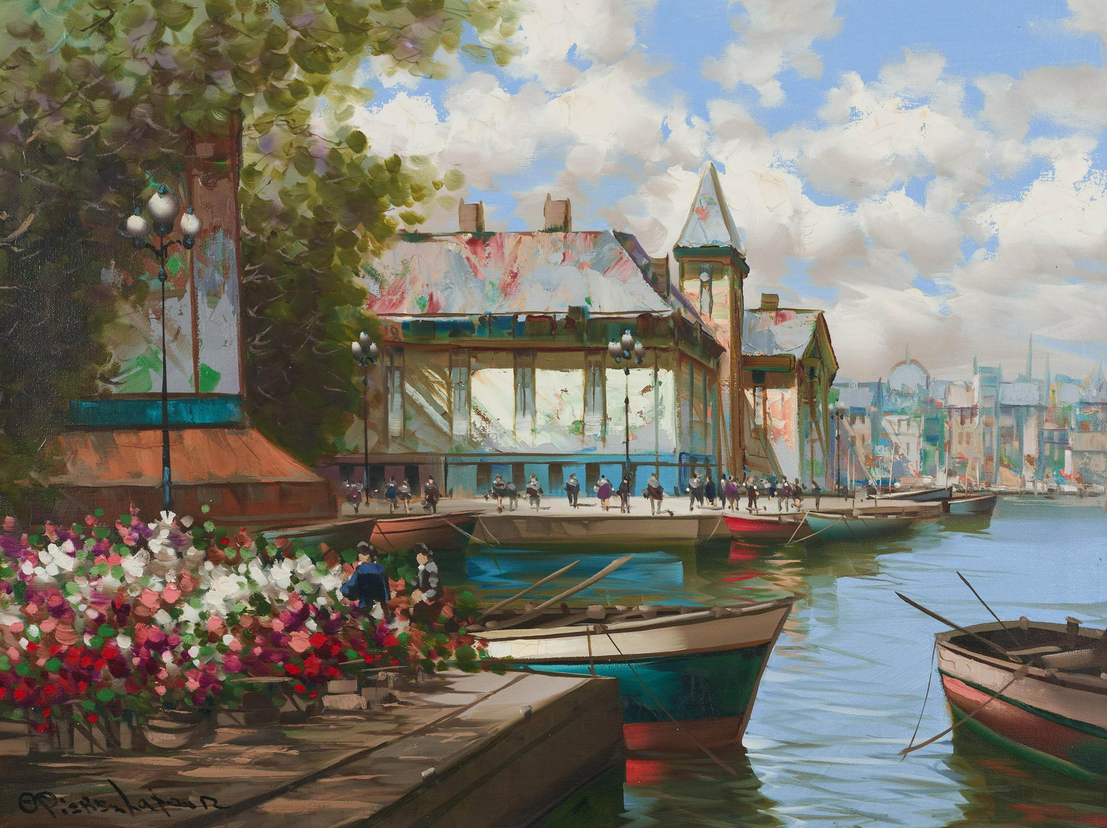 Pierre Latour - Flower Market Barge: Lot 174 Pierre Latour Brazilian (1935-2006) Flower Market Barge oil on canvas (unstretched) signed lower left 33 1/4 x 44 1/4 inches Provenance: From the collection of a fourth-generation New York ar