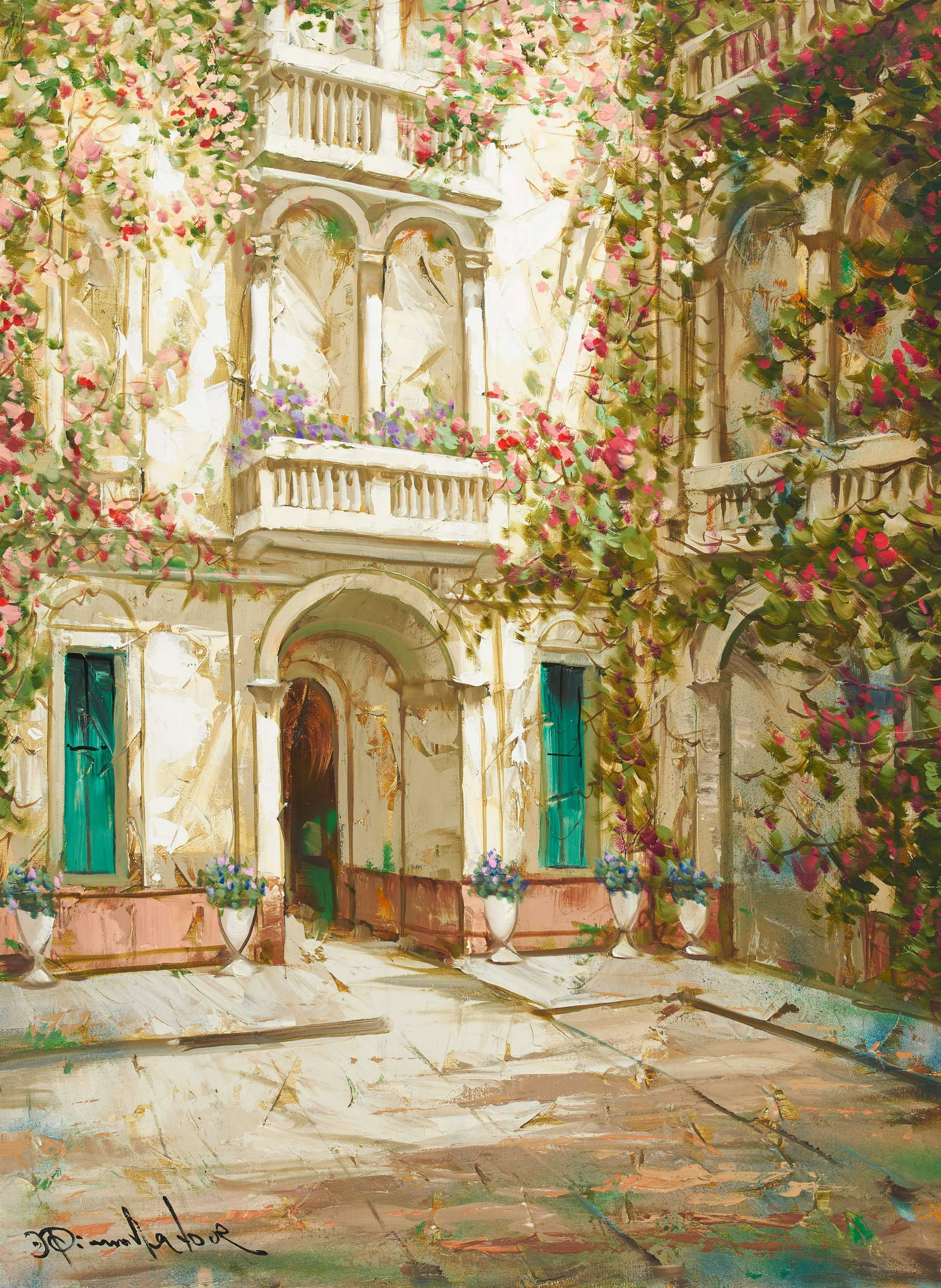 Pierre Latour - Cloister Courtyard: Lot 176 Pierre Latour Brazilian (1935-2006) Cloister Courtyard oil on canvas (unstretched) signed lower left 44 1/2 x 34 inches Provenance: From the collection of a fourth-generation New York art gal