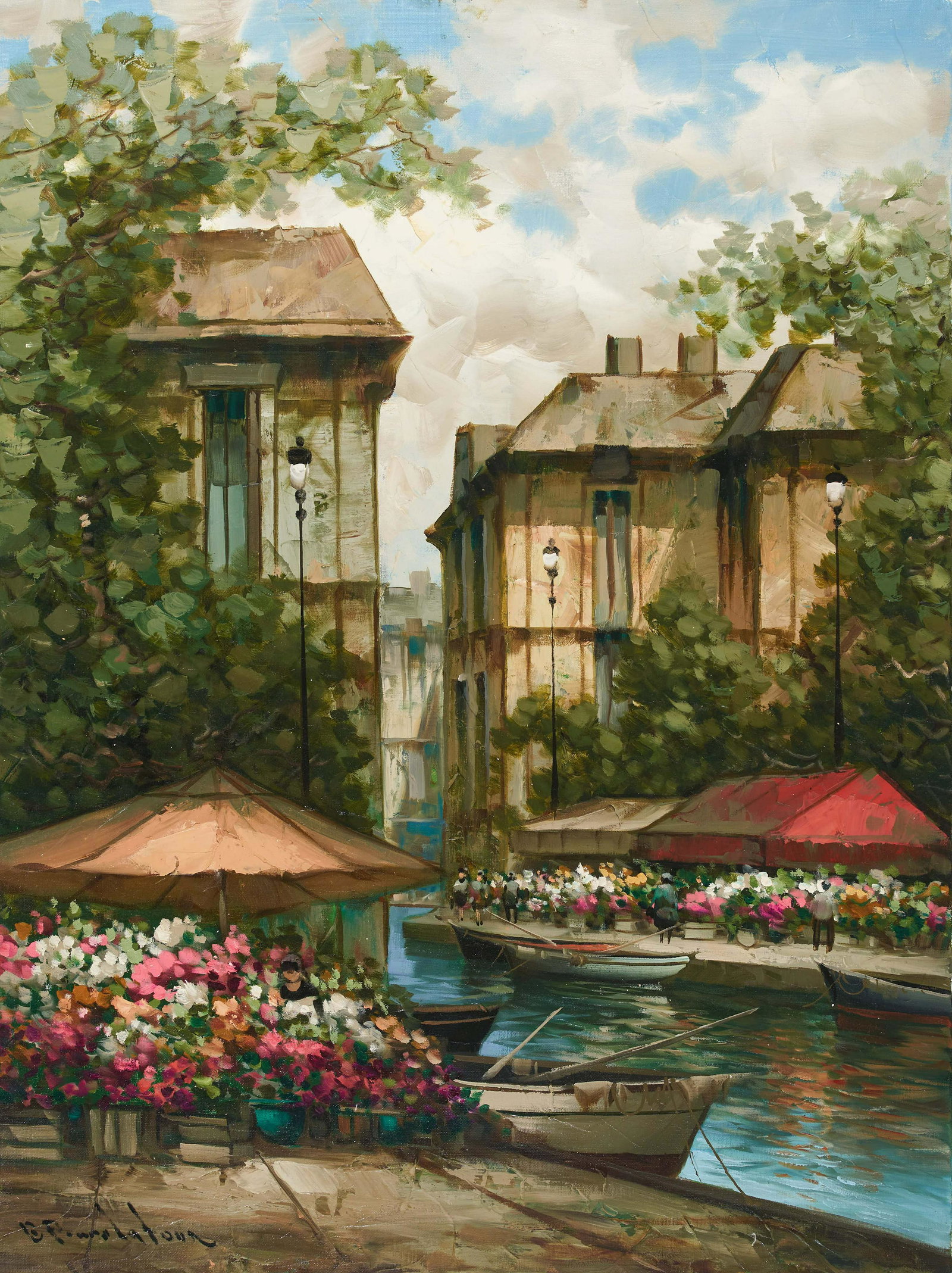 Pierre Latour - Flower Market Along The Canal: Lot 180 Pierre Latour Brazilian (1935-2006) Flower Market Along The Canal oil on canvas (unstretched) signed lower left 44 x 33 inches Provenance: From the collection of a fourth-generation New York