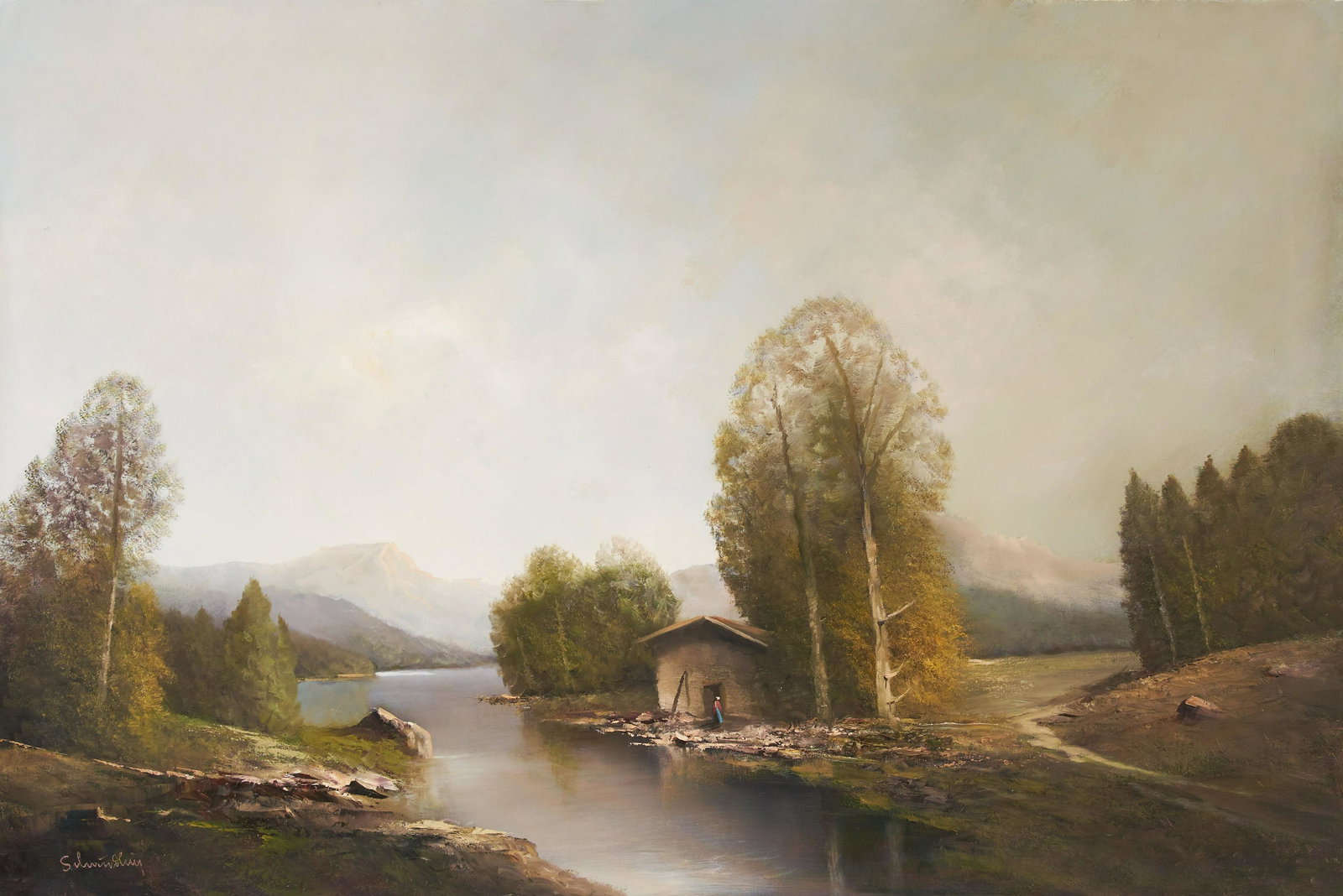 Karl Schmidbauer - Lake: Lot 206 Karl Schmidbauer Austrian (1921-1999) Lake oil on canvas (unstretched) signed lower left 26 1/2 x 38 inches Provenance: From the collection of a fourth-generation New York art gallery