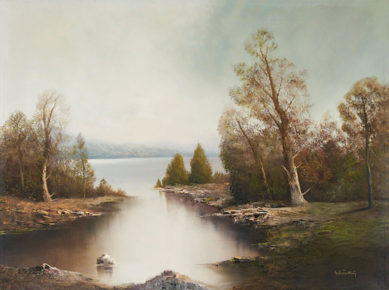 Karl Schmidbauer - Lake: Lot 211 Karl Schmidbauer Austrian (1921-1999) Lake oil on canvas (unstretched) signed lower right 311/4 x 41 3/4 inches Provenance: From the collection of a fourth-generation New York art gallery