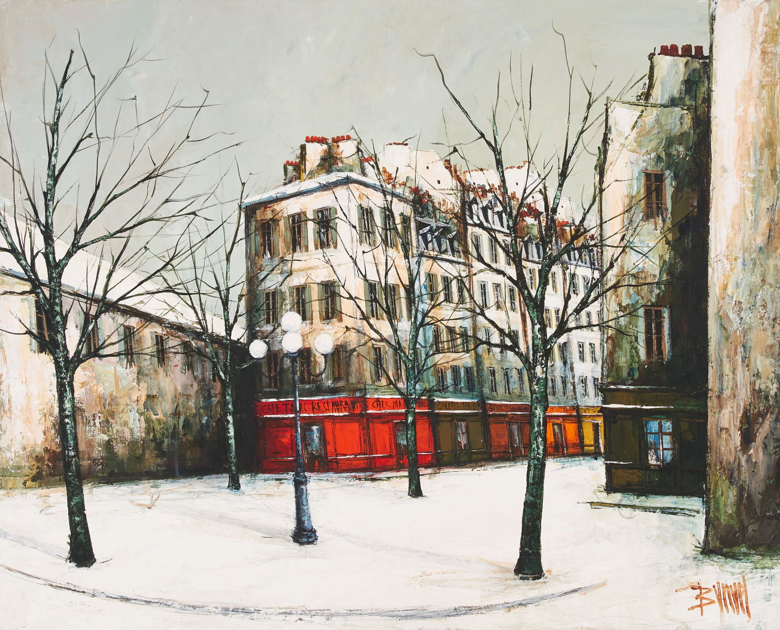 Manuel Monton Bunuel - Paris in Snow Cafe in Montmartre: Lot 230 Manuel Monton Bunuel Spain (b. 1940) Paris in Snow Cafe in Montmartre oil on canvas (unstretched) signed lower right 26 1/2 x 32 1/2 inches Provenance: From the collection of a fourth-generat