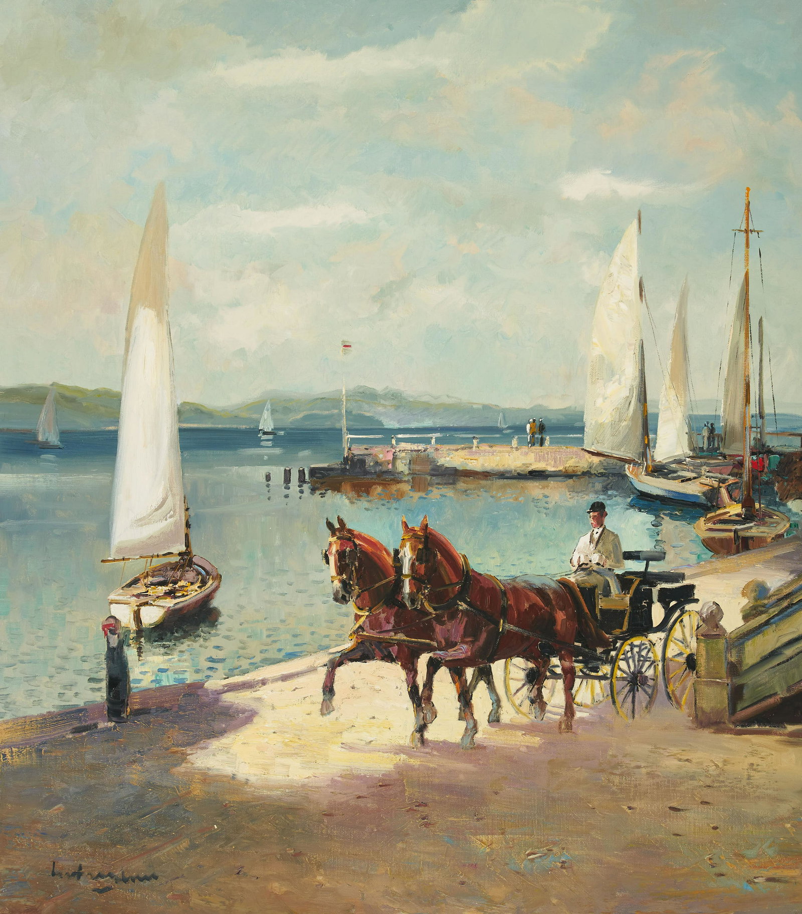Ludwig Gschossmann - Lake Sail Promenade at: Lot 237 Ludwig Gschossmann German (1894-1988) Lake Sail Promenade at Starnbergerse Lake Starnberg Near Munich oil on canvas (unstretched) signed lower left 38 x 33 1/2 inches Provenance: From the col